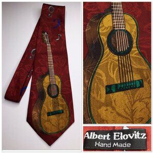 Vintage Albert Elovitz Hand Made Tie Guitar & Musical Notes Pattern Red Necktie